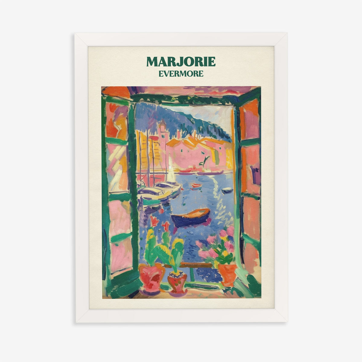 Marjorie Taylor Swift print of a Matisse-style open window onto a harbour of boats, in a white frame on a plain wall