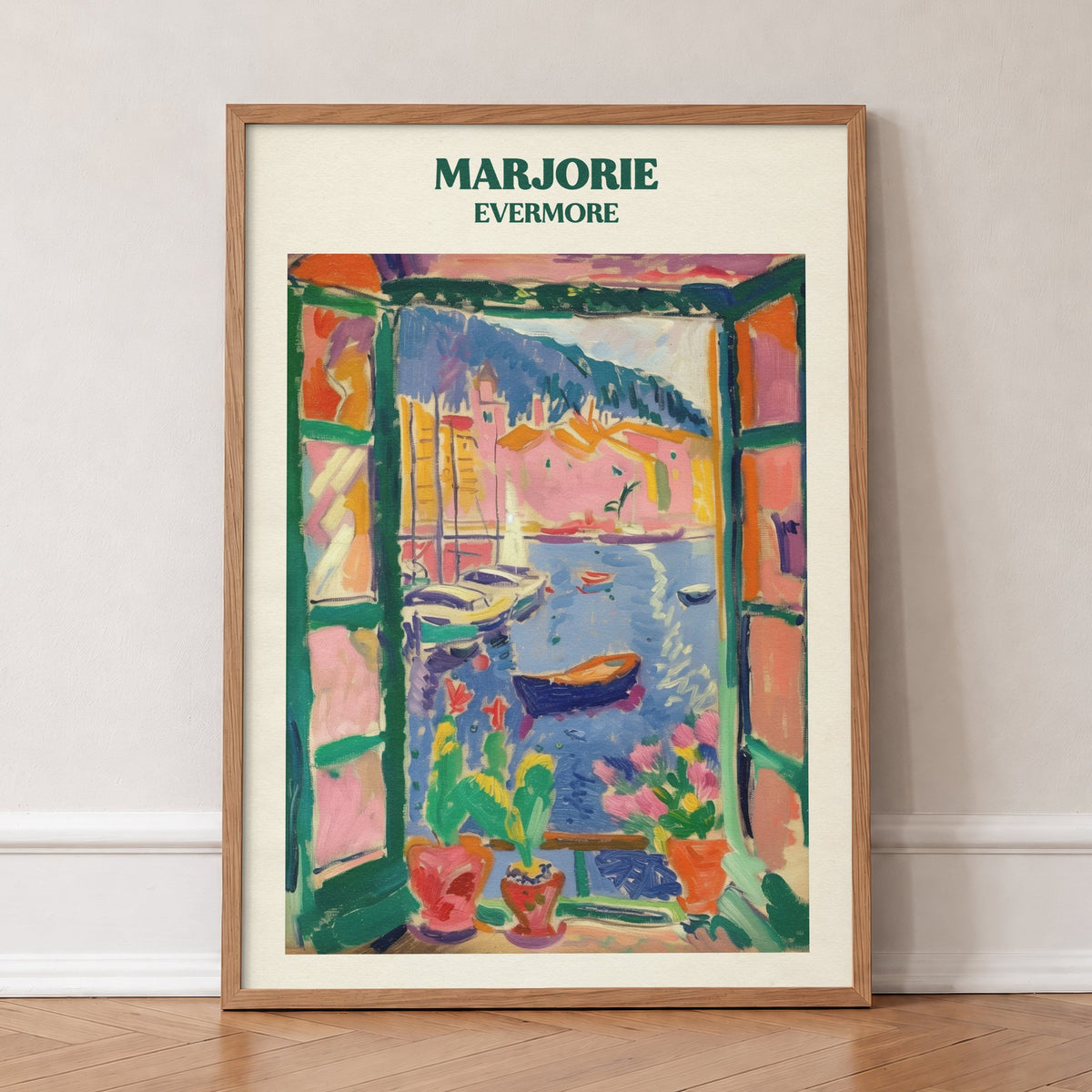 Marjorie Taylor Swift print of a Matisse-style open window onto a harbour of boats, in an oak frame, leaning against a wall on a herringbone floor
