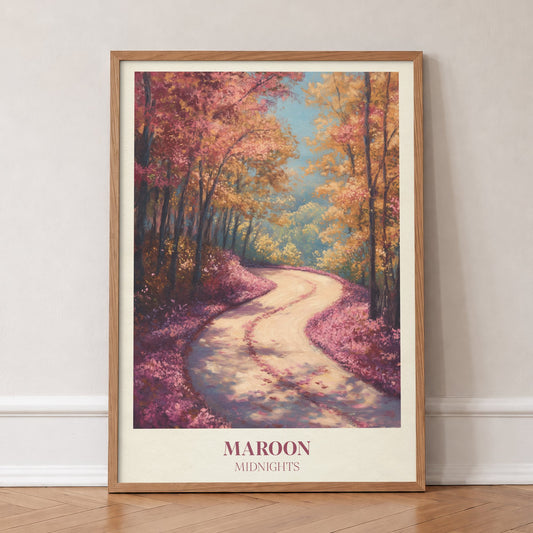 Maroon Taylor Swift print of a winding lane through pink and orange autumn trees, in an oak frame, leaning against a wall on a herringbone floor