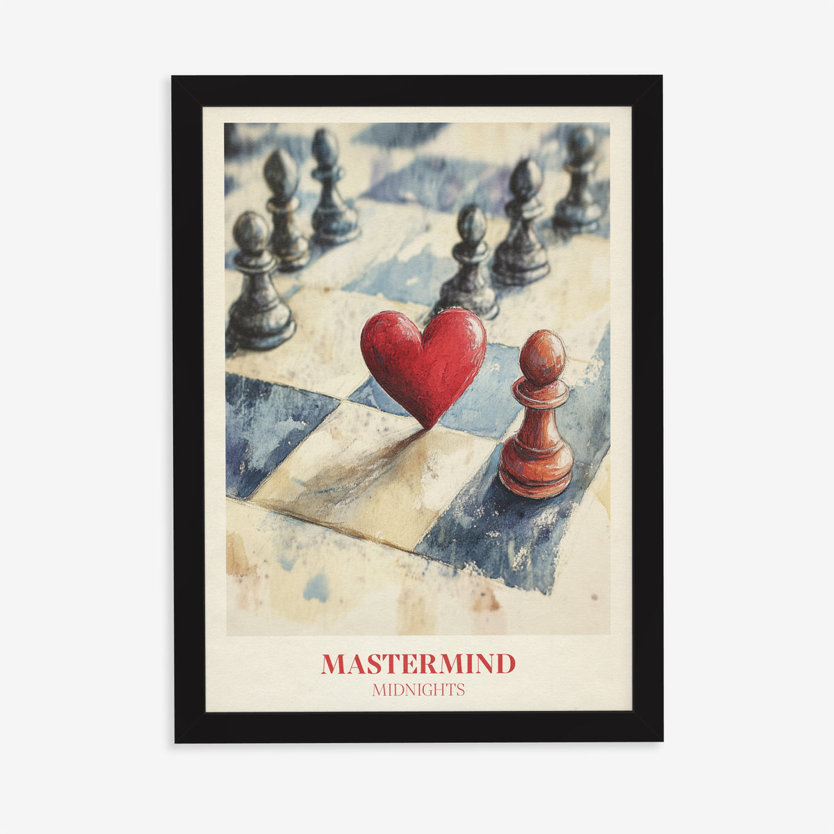 Mastermind Taylor Swift print of a red heart and a red pawn among black pawns on a chessboard, in a black frame on a plain wall