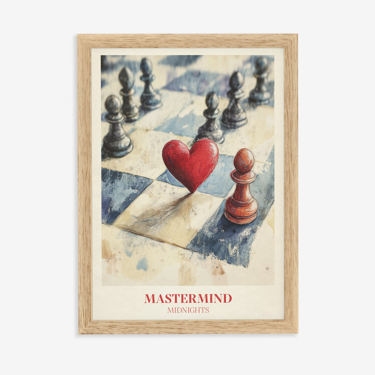 Mastermind Taylor Swift print of a red heart and a red pawn among black pawns on a chessboard, in an oak frame on a plain wall