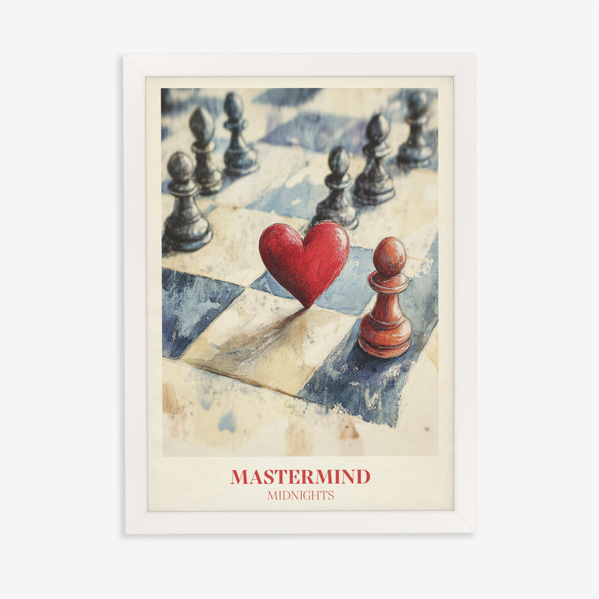 Mastermind Taylor Swift print of a red heart and a red pawn among black pawns on a chessboard, in a white frame on a plain wall