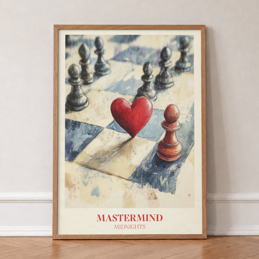 Mastermind Taylor Swift print of a red heart and a red pawn among black pawns on a chessboard, in an oak frame, leaning against a wall on a herringbone floor