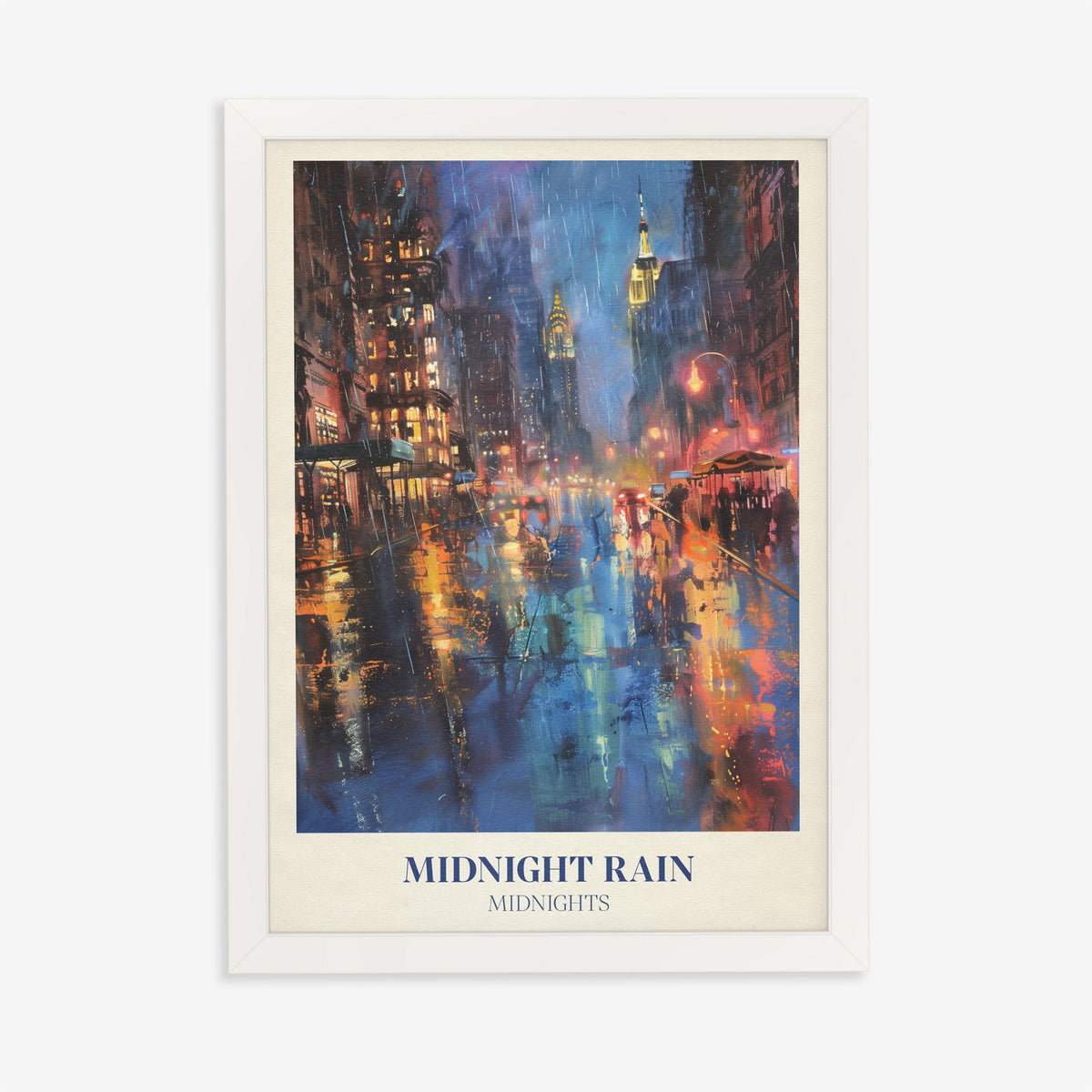 Midnight Rain Taylor Swift print of a rain-soaked city street glowing under skyscrapers at night, in a white frame on a plain wall