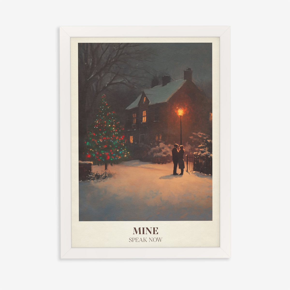 Mine Christmas Taylor Swift print of a couple by a lit Christmas tree in the snow, in a white frame on a plain wall