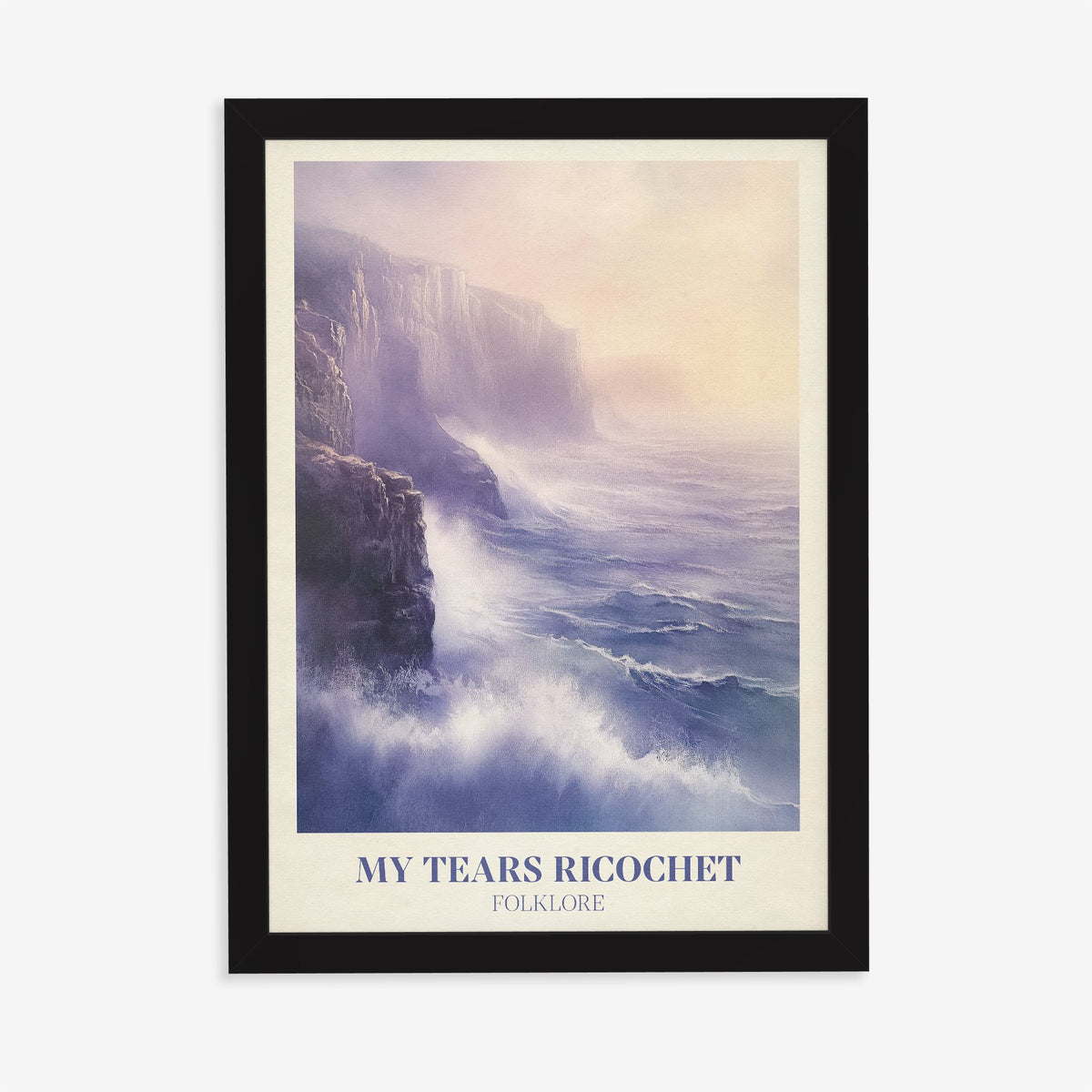 My Tears Ricochet Taylor Swift print of waves crashing against misty purple sea cliffs, in a black frame on a plain wall