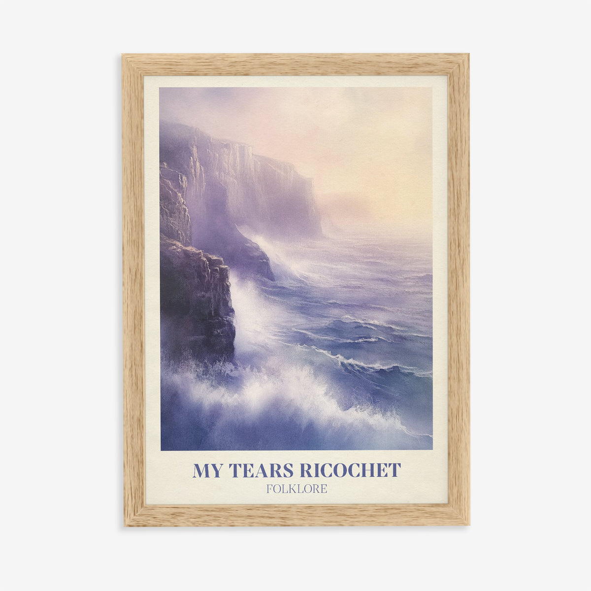 My Tears Ricochet Taylor Swift print of waves crashing against misty purple sea cliffs, in an oak frame on a plain wall