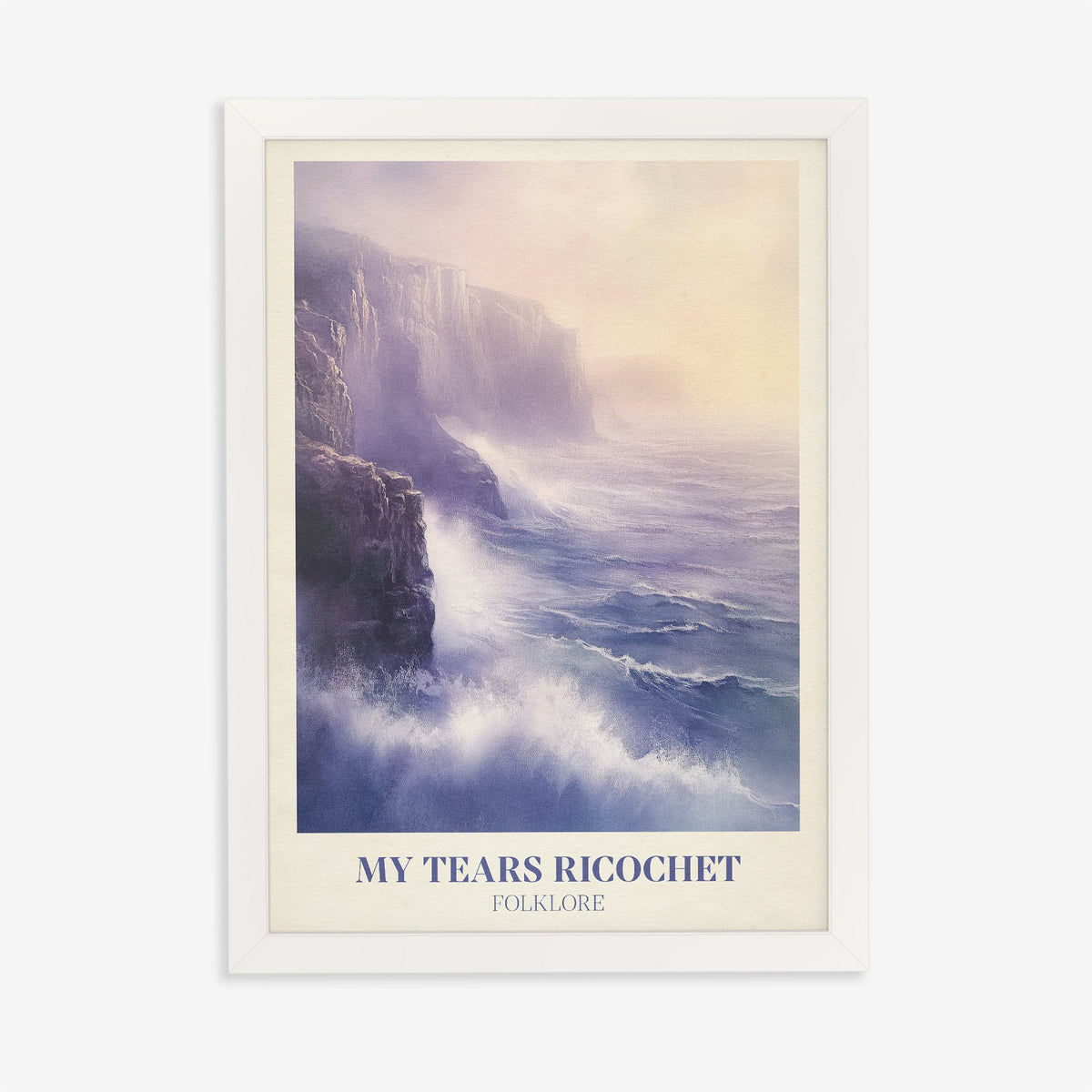 My Tears Ricochet Taylor Swift print of waves crashing against misty purple sea cliffs, in a white frame on a plain wall