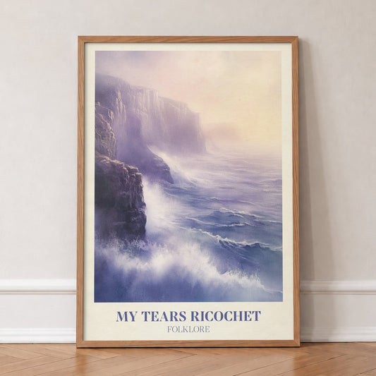 My Tears Ricochet Taylor Swift print of waves crashing against misty purple sea cliffs, in an oak frame, leaning against a wall on a herringbone floor