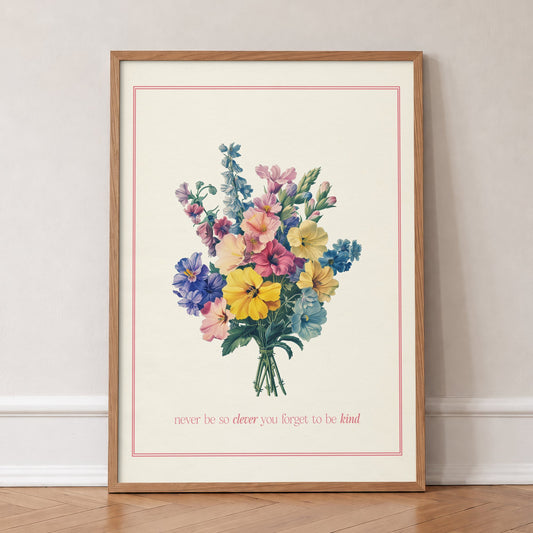 Never Be So Clever Bouquet Taylor Swift print of a vintage bouquet in a pink border, in an oak frame, leaning against a wall on a herringbone floor