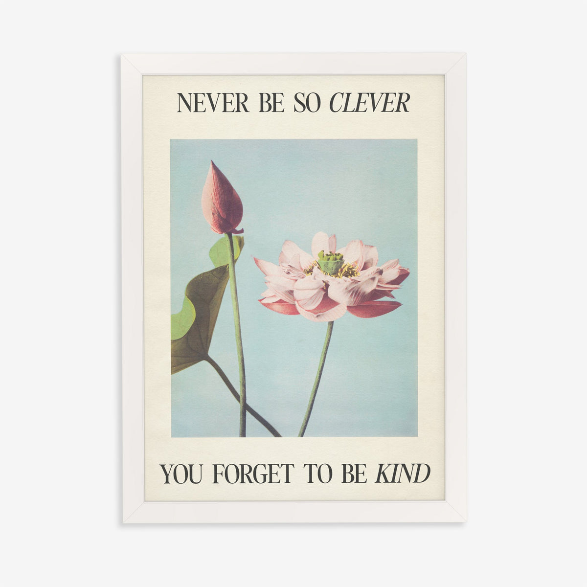 Never Be So Clever Taylor Swift print of a pink lotus on pale blue between lines of lyric, in a white frame on a plain wall