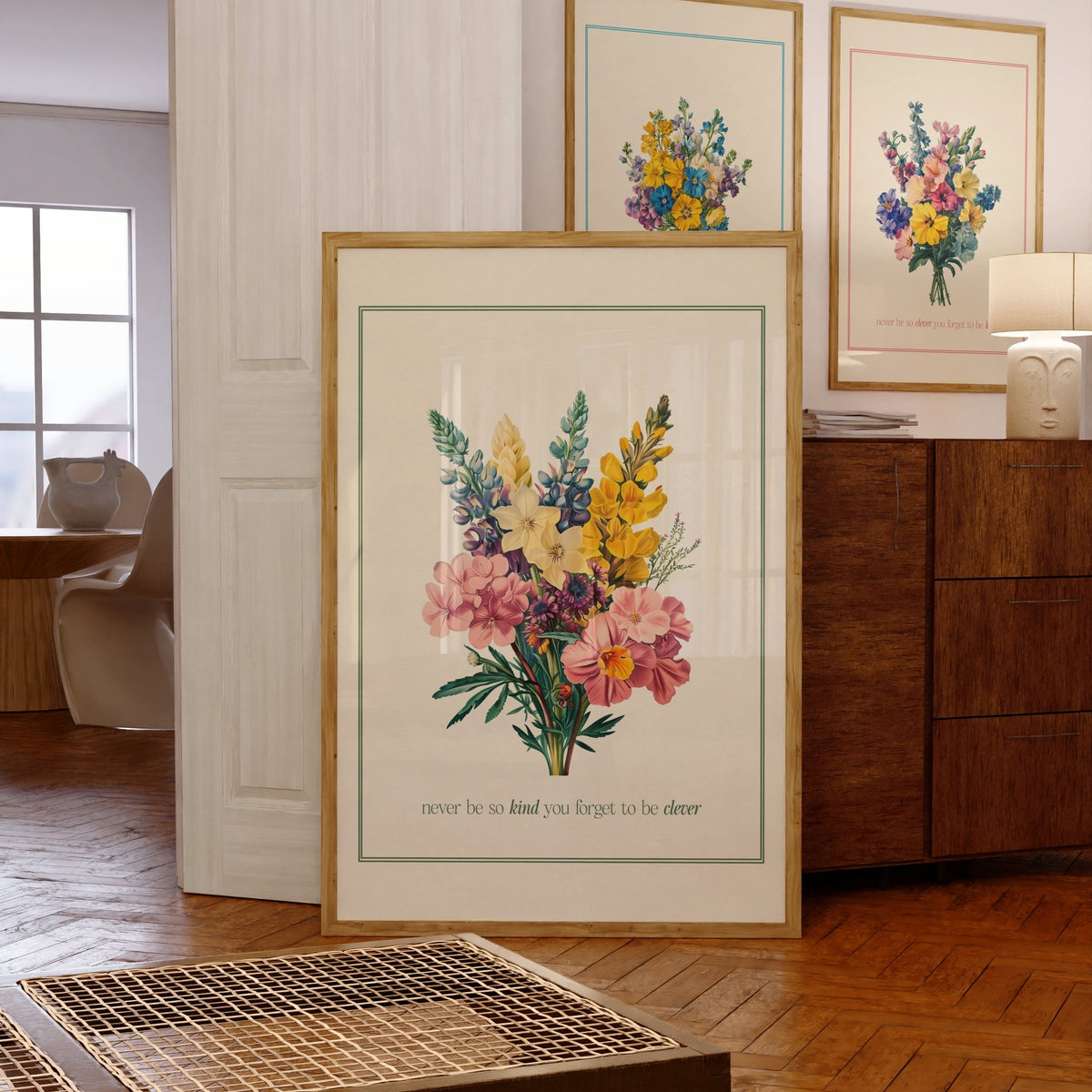 Never Be So Kind Bouquet Taylor Swift print of a vintage bouquet in a green border, framed, leaning against a chest of drawers