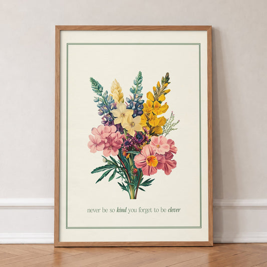Never Be So Kind Bouquet Taylor Swift print of a vintage bouquet in a green border, in an oak frame, leaning against a wall on a herringbone floor