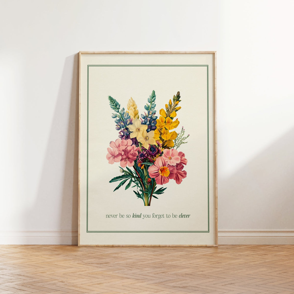 Never Be So Kind Bouquet Taylor Swift print of a vintage bouquet in a green border, framed, leaning against a white wall