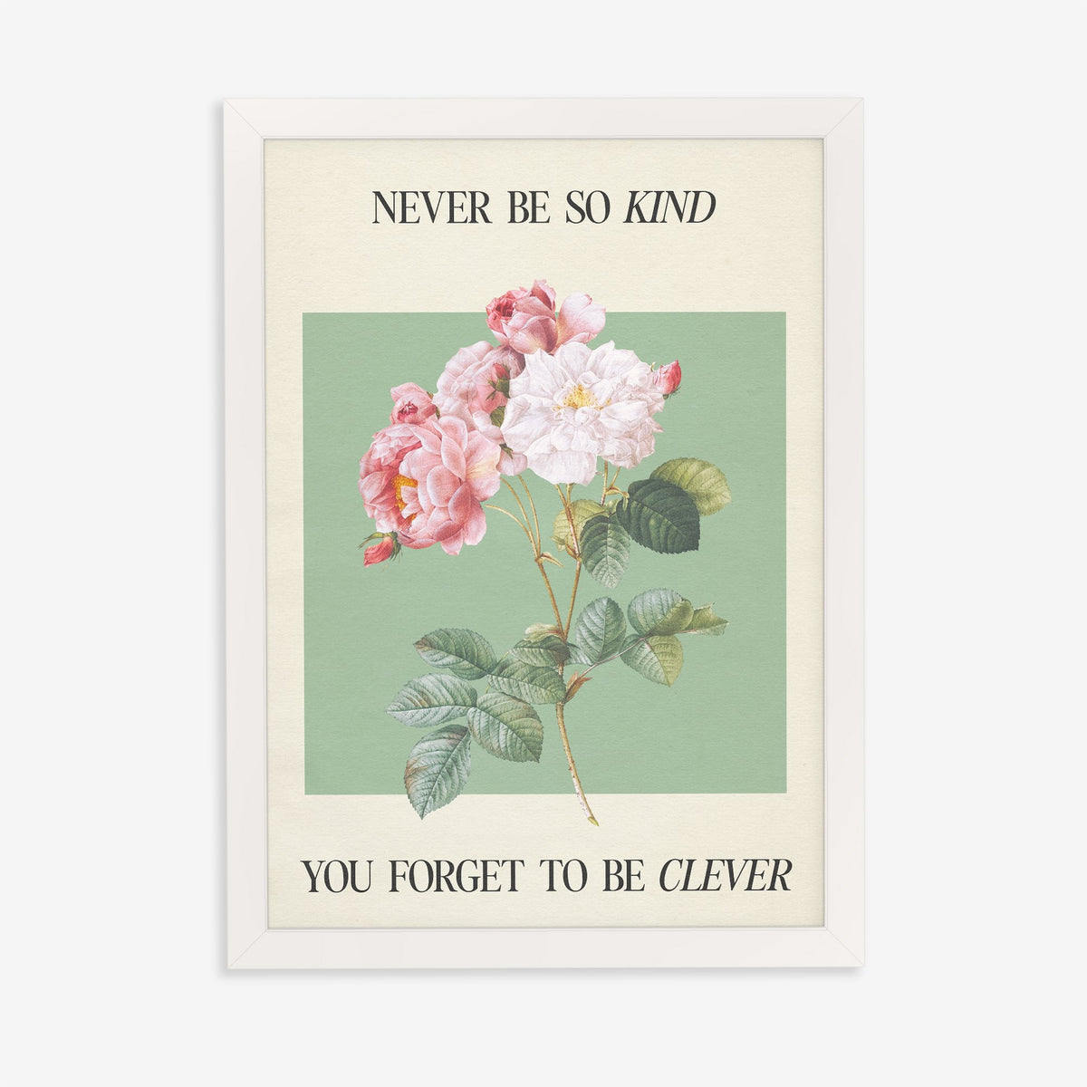 Never Be So Kind Taylor Swift lyric print of pink and white roses on sage green, in a white frame on a plain wall