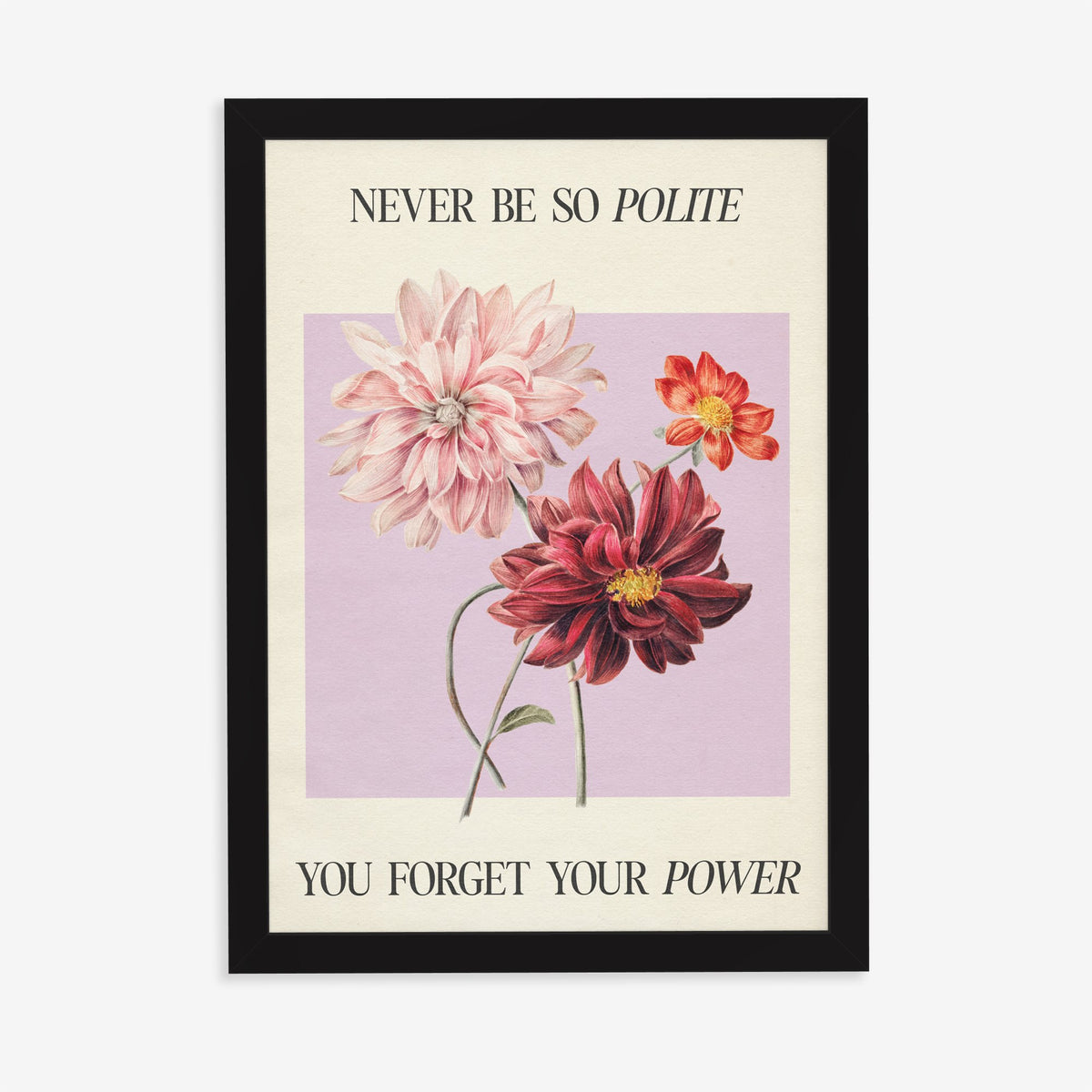 Never Be So Polite Taylor Swift print of pink and red dahlias on lilac between lines of lyric, in a black frame on a plain wall