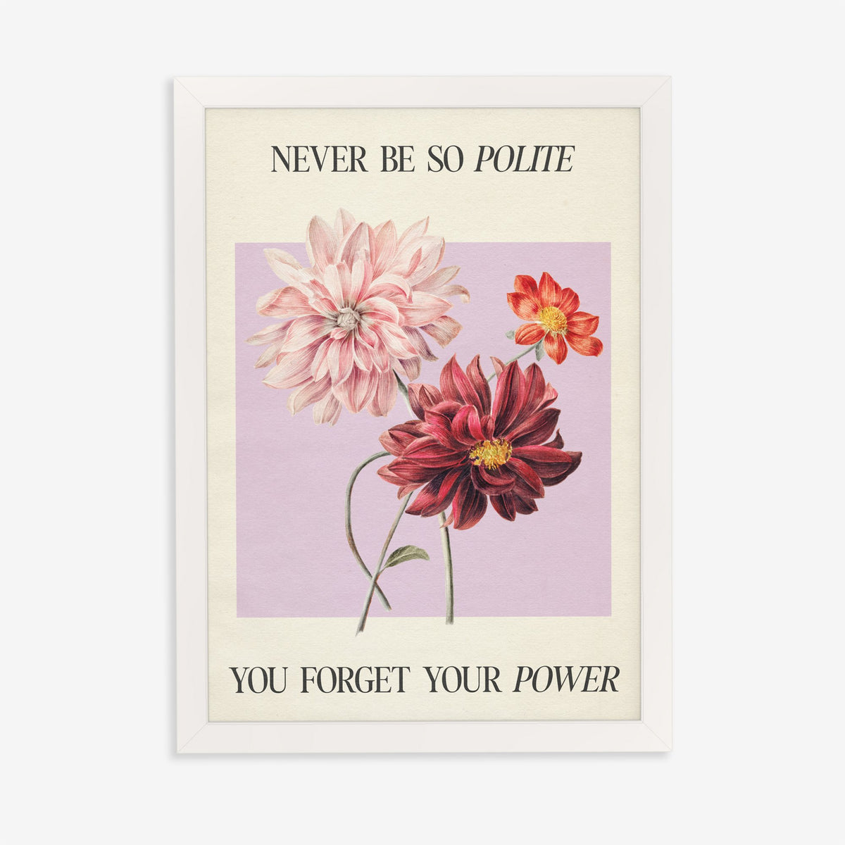 Never Be So Polite Taylor Swift print of pink and red dahlias on lilac between lines of lyric, in a white frame on a plain wall