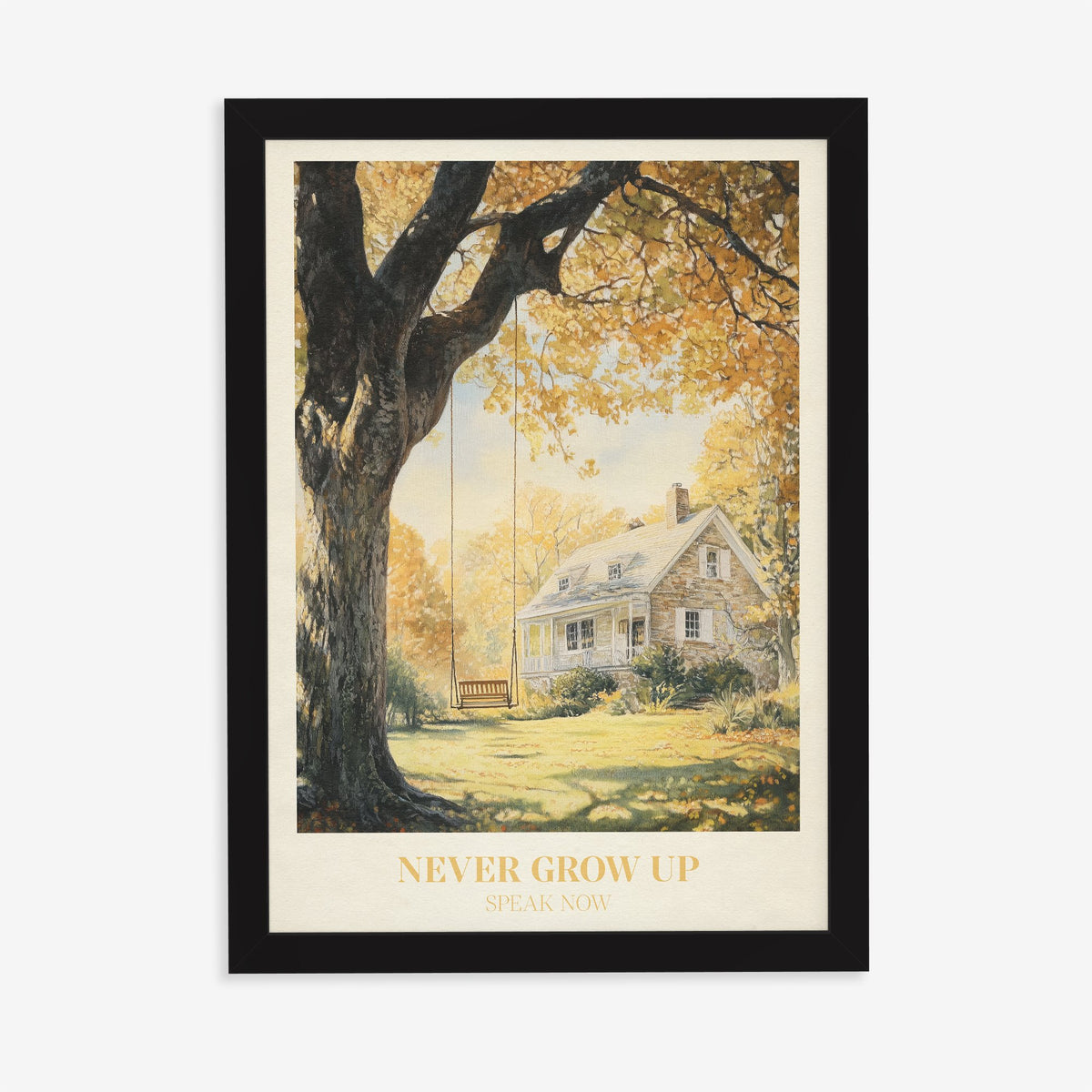 Never Grow Up Taylor Swift print of a stone farmhouse and a tree swing in autumn, in a black frame on a plain wall