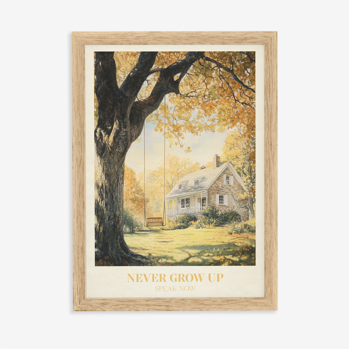Never Grow Up Taylor Swift print of a stone farmhouse and a tree swing in autumn, in an oak frame on a plain wall