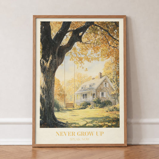 Never Grow Up Taylor Swift print of a stone farmhouse and a tree swing in autumn, in an oak frame, leaning against a wall on a herringbone floor