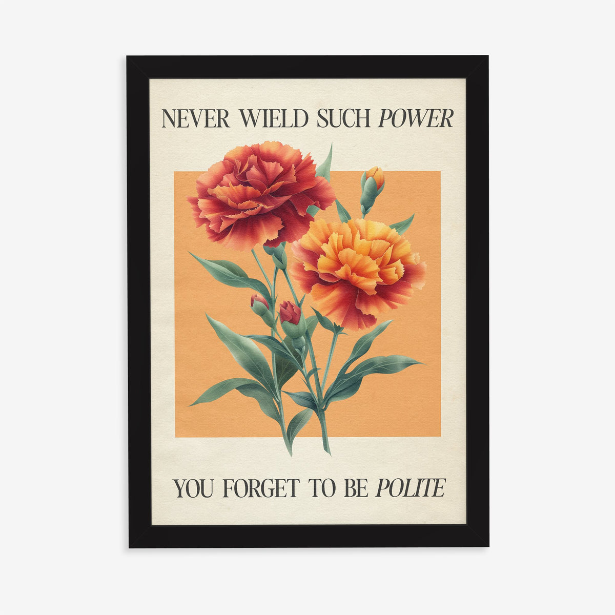 Never Wield Such Power Taylor Swift print of red and orange carnations between lines of lyric, in a black frame on a plain wall