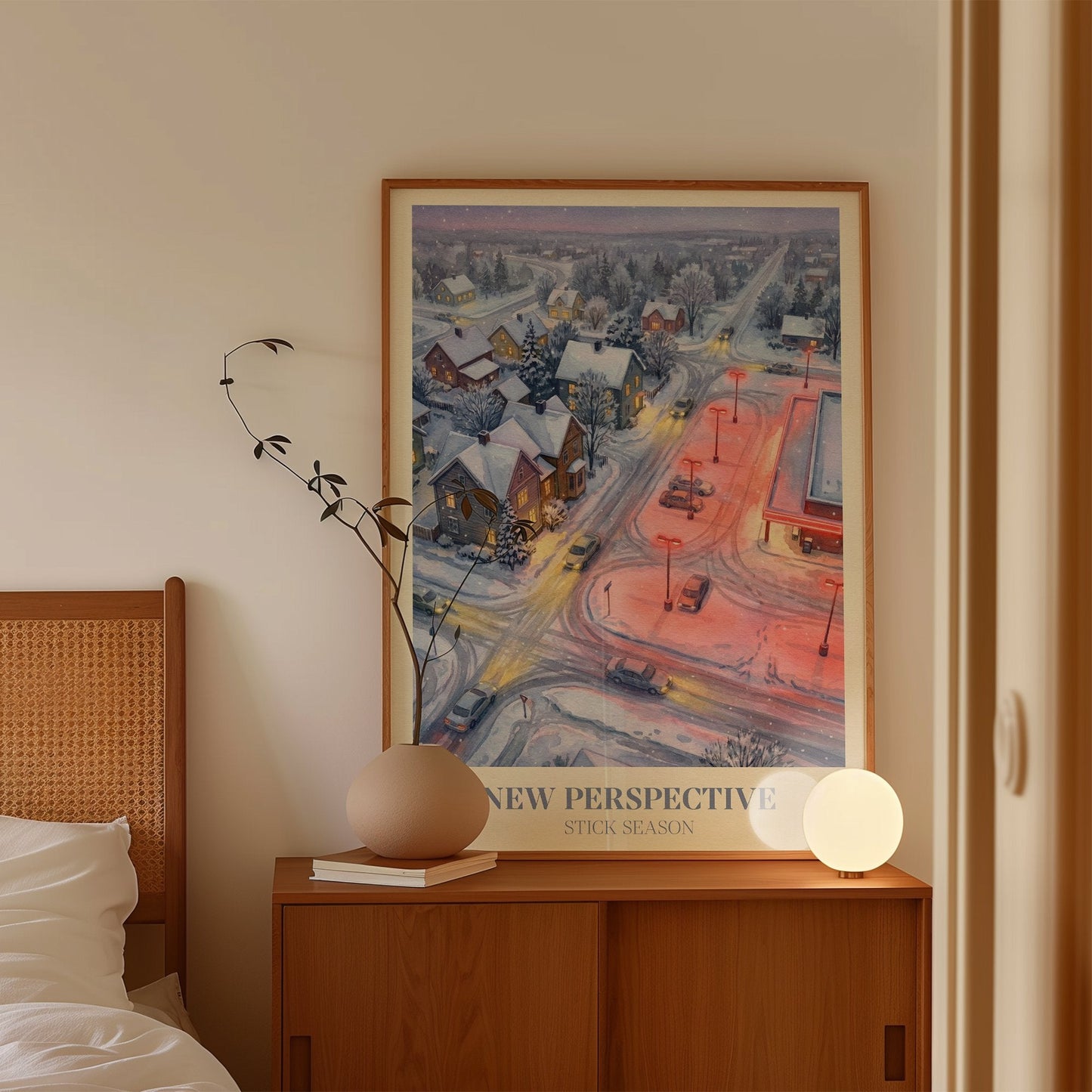 New Perspective lyric wall art print inspired by Noah Kahan leaning on a wooden sideboard in a Scandi bedroom