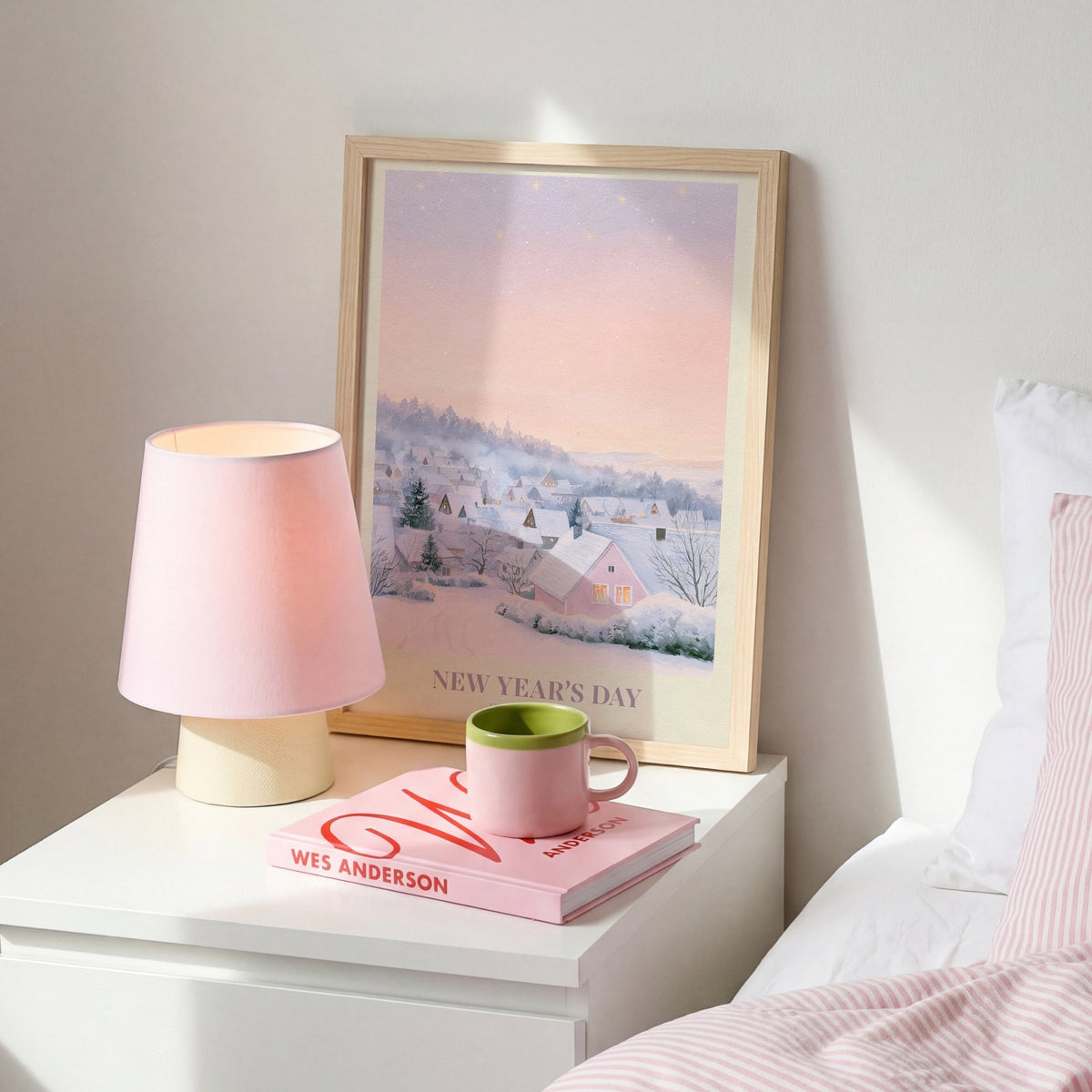 New Year’s Day Taylor Swift print of a snowy pink cottage, on a white bedside table beside a pink lamp