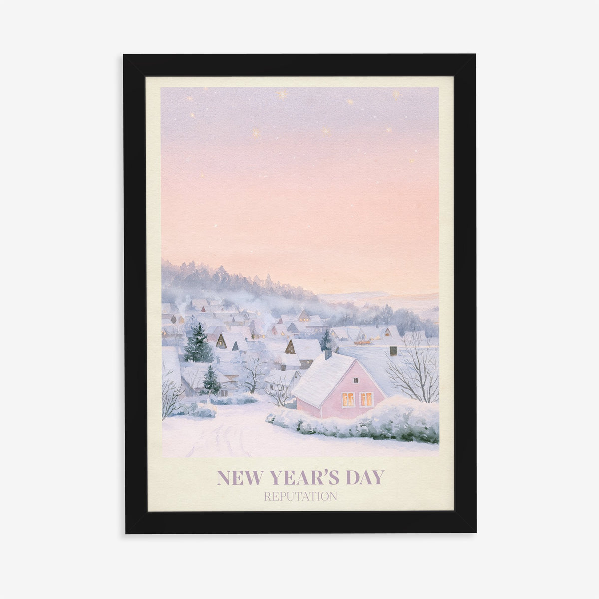 New Year’s Day Taylor Swift print of a snowy pink cottage, in a black frame on a plain wall