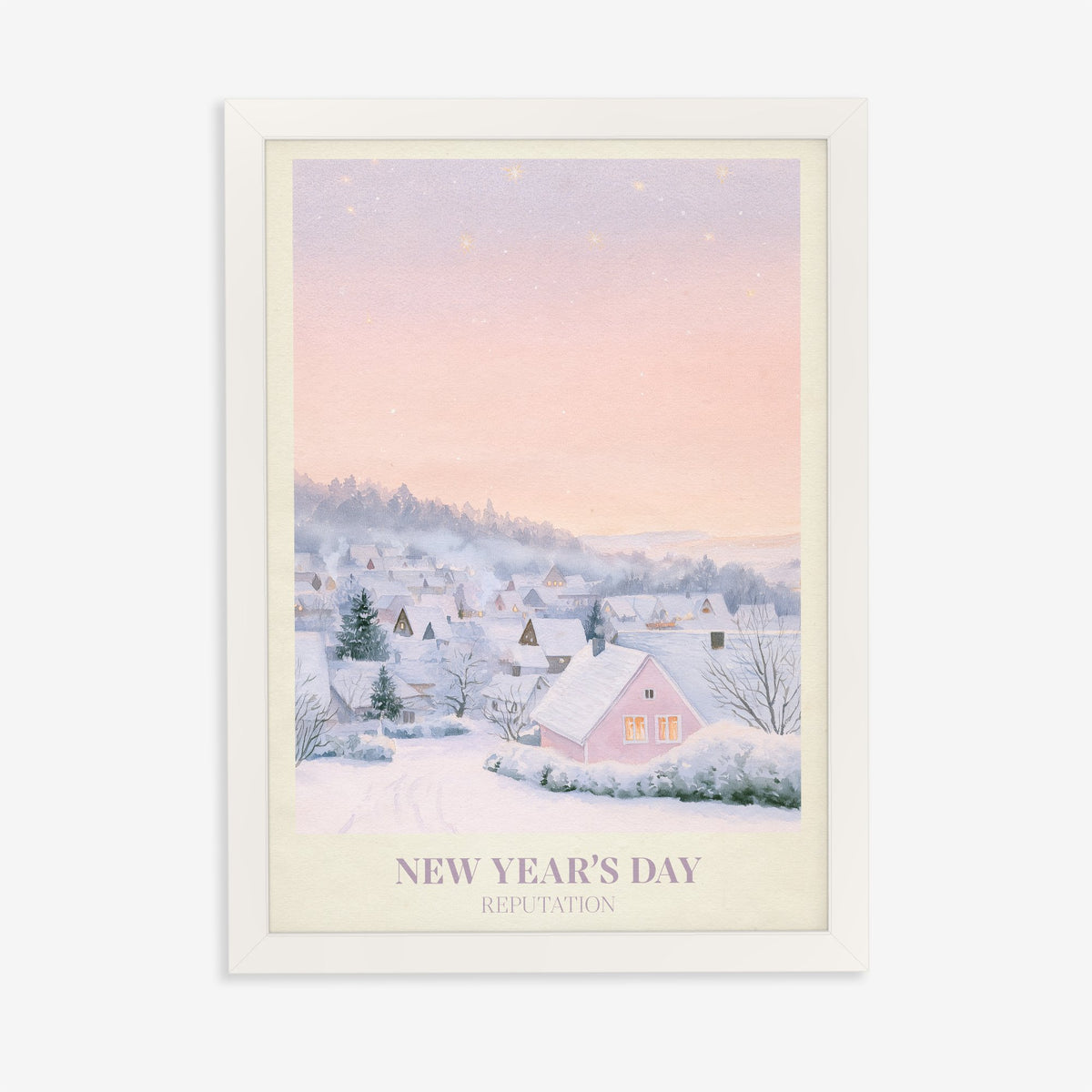 New Year’s Day Taylor Swift print of a snowy pink cottage, in a white frame on a plain wall