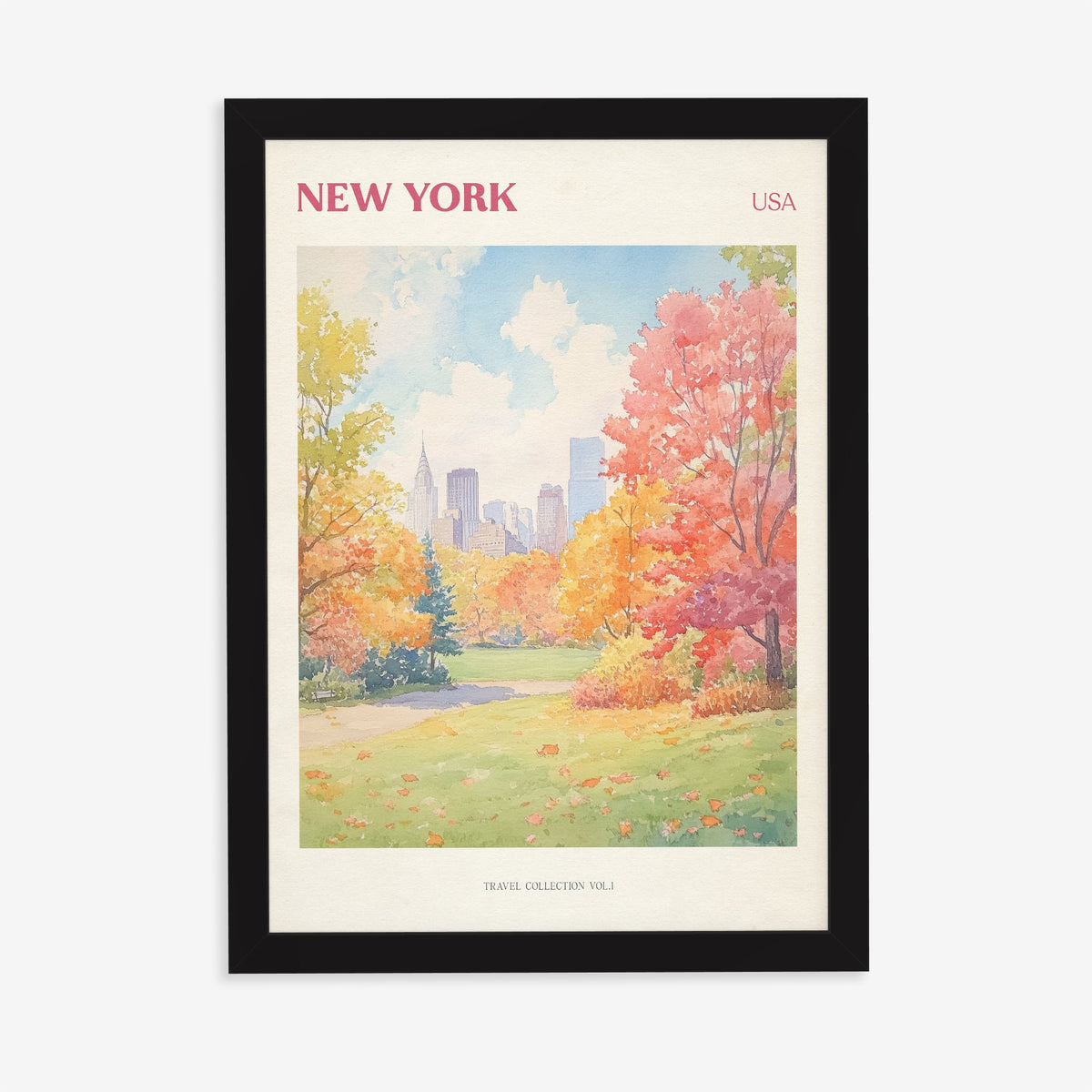 New York travel print of Central Park in autumn with the skyline behind orange trees, in a black frame on a plain wall