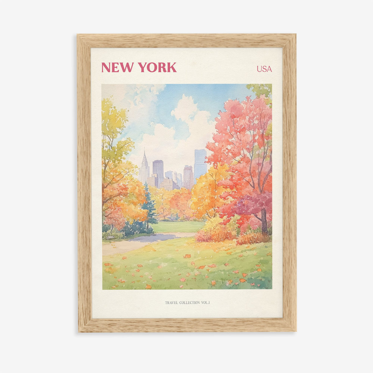 New York travel print of Central Park in autumn with the skyline behind orange trees, in an oak frame on a plain wall