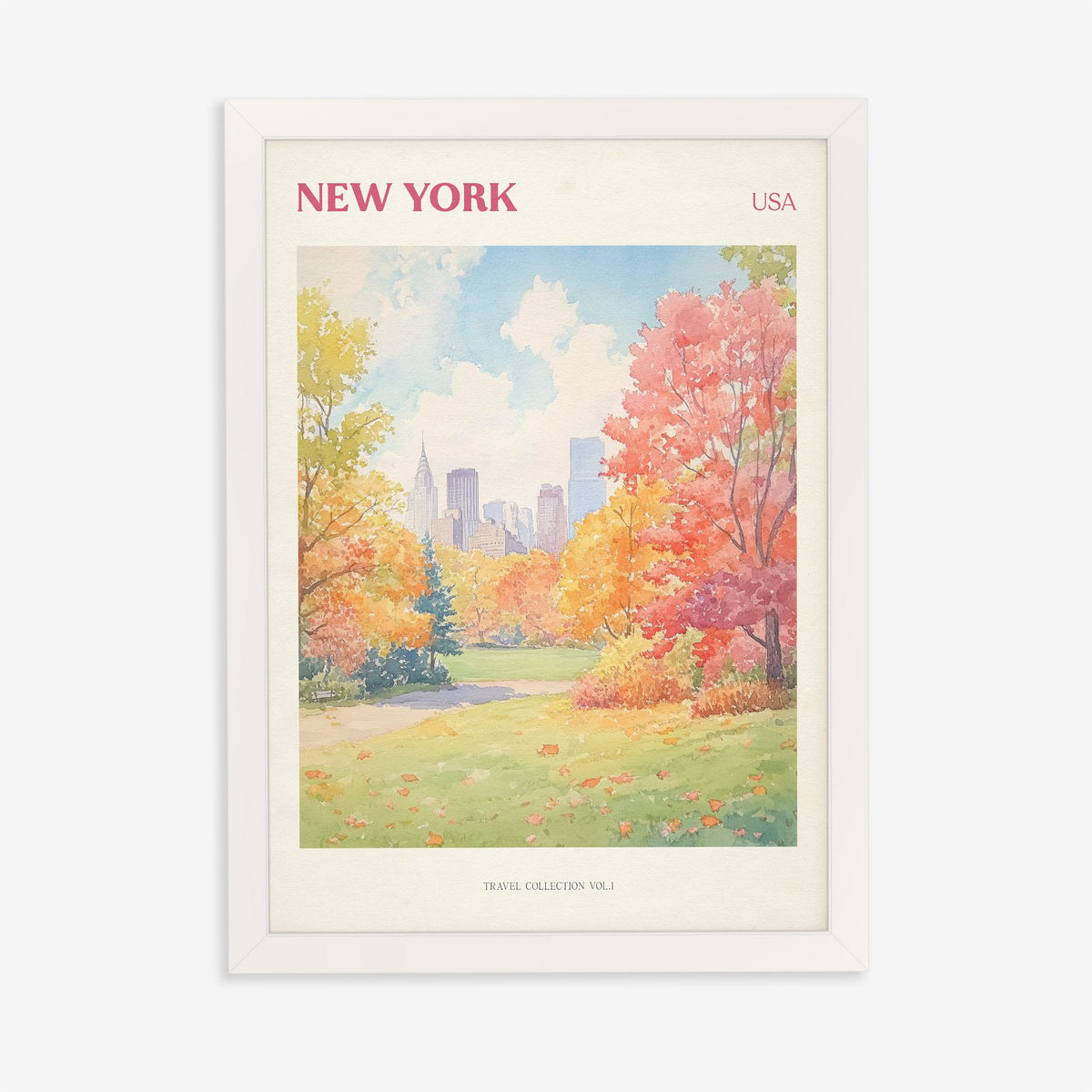 New York travel print of Central Park in autumn with the skyline behind orange trees, in a white frame on a plain wall