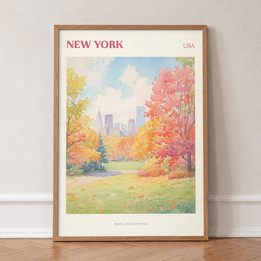 New York travel print of Central Park in autumn with the skyline behind orange trees, in an oak frame, leaning against a wall on a herringbone floor