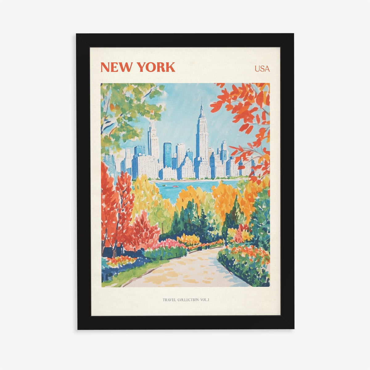 New York travel print of the Manhattan skyline behind bright red and orange trees, in a black frame on a plain wall
