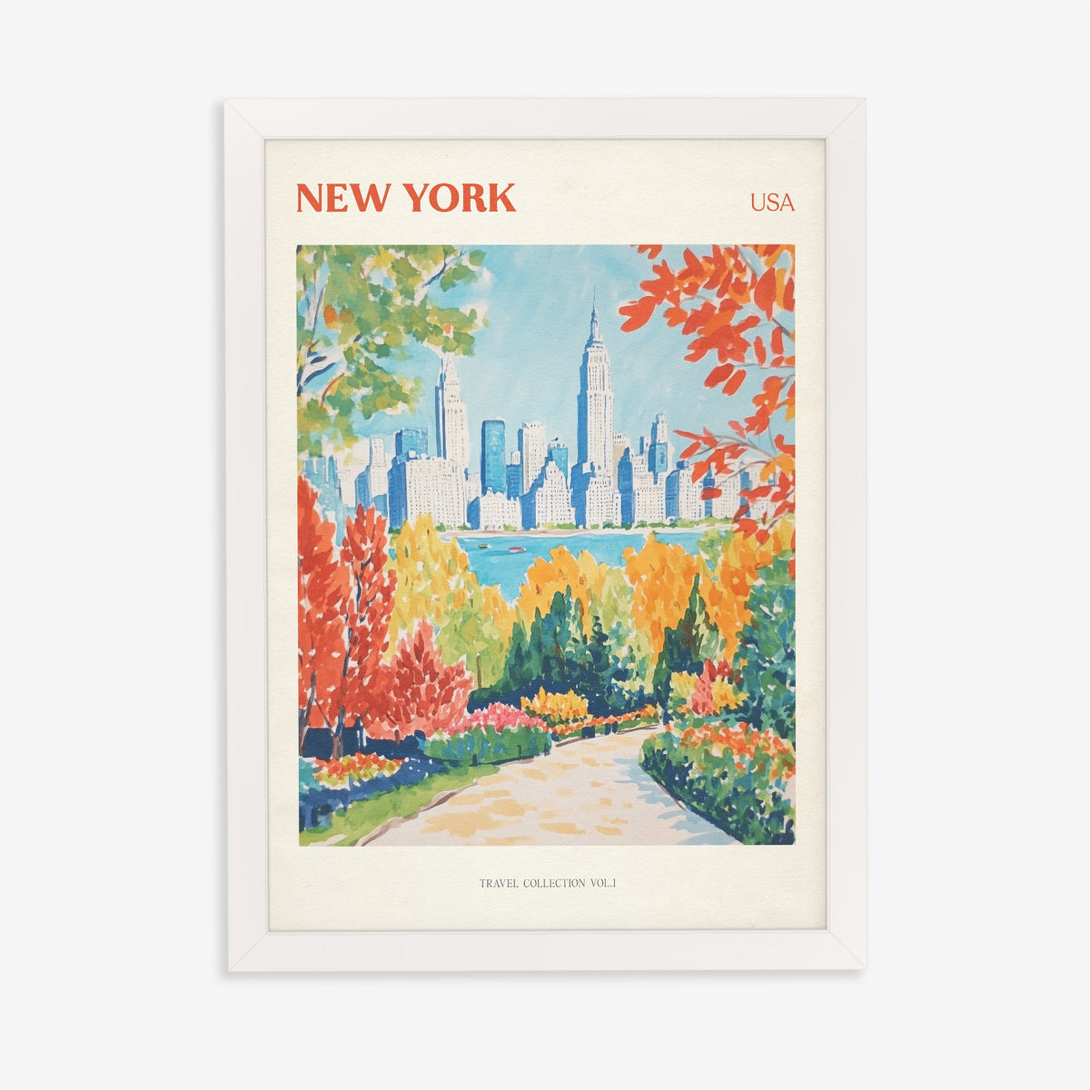 New York travel print of the Manhattan skyline behind bright red and orange trees, in a white frame on a plain wall