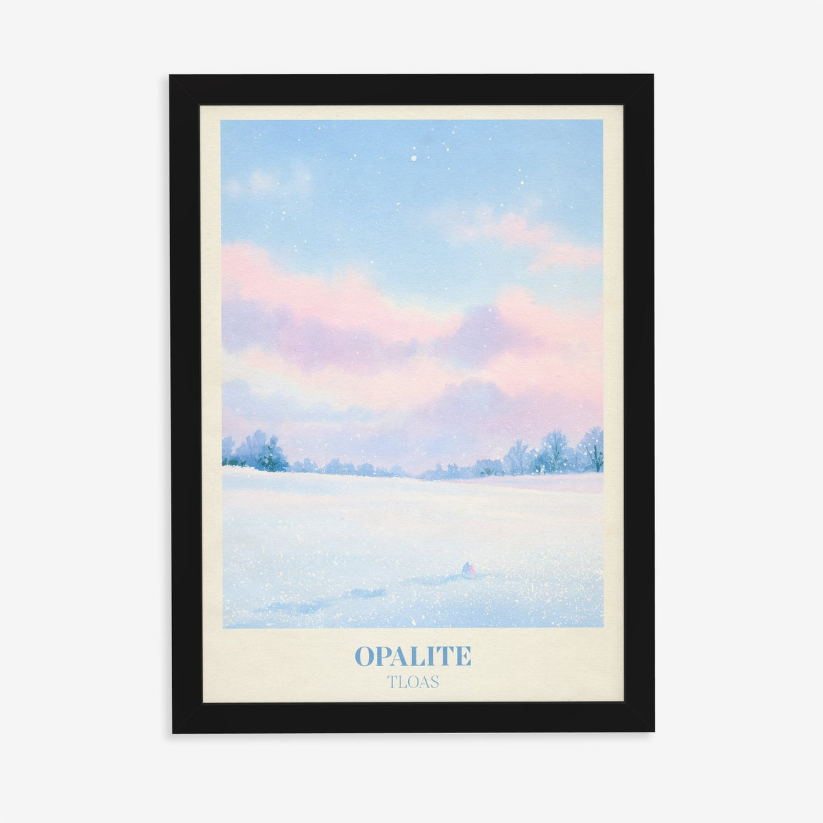 Opalite Winter Taylor Swift print of pink clouds over a snowy field, in a black frame on a plain wall