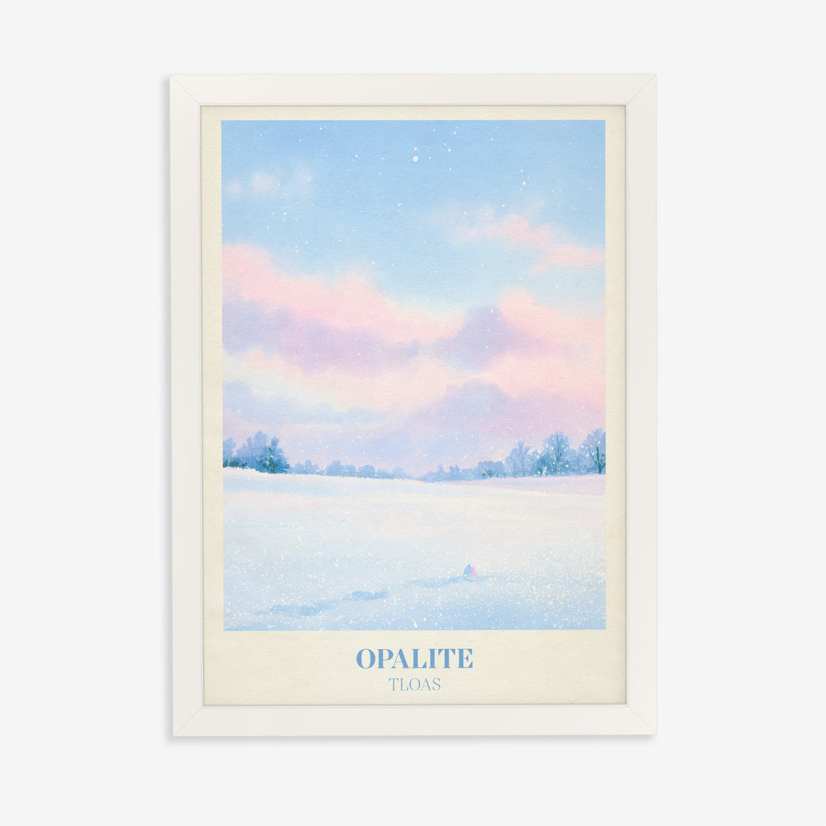 Opalite Winter Taylor Swift print of pink clouds over a snowy field, in a white frame on a plain wall