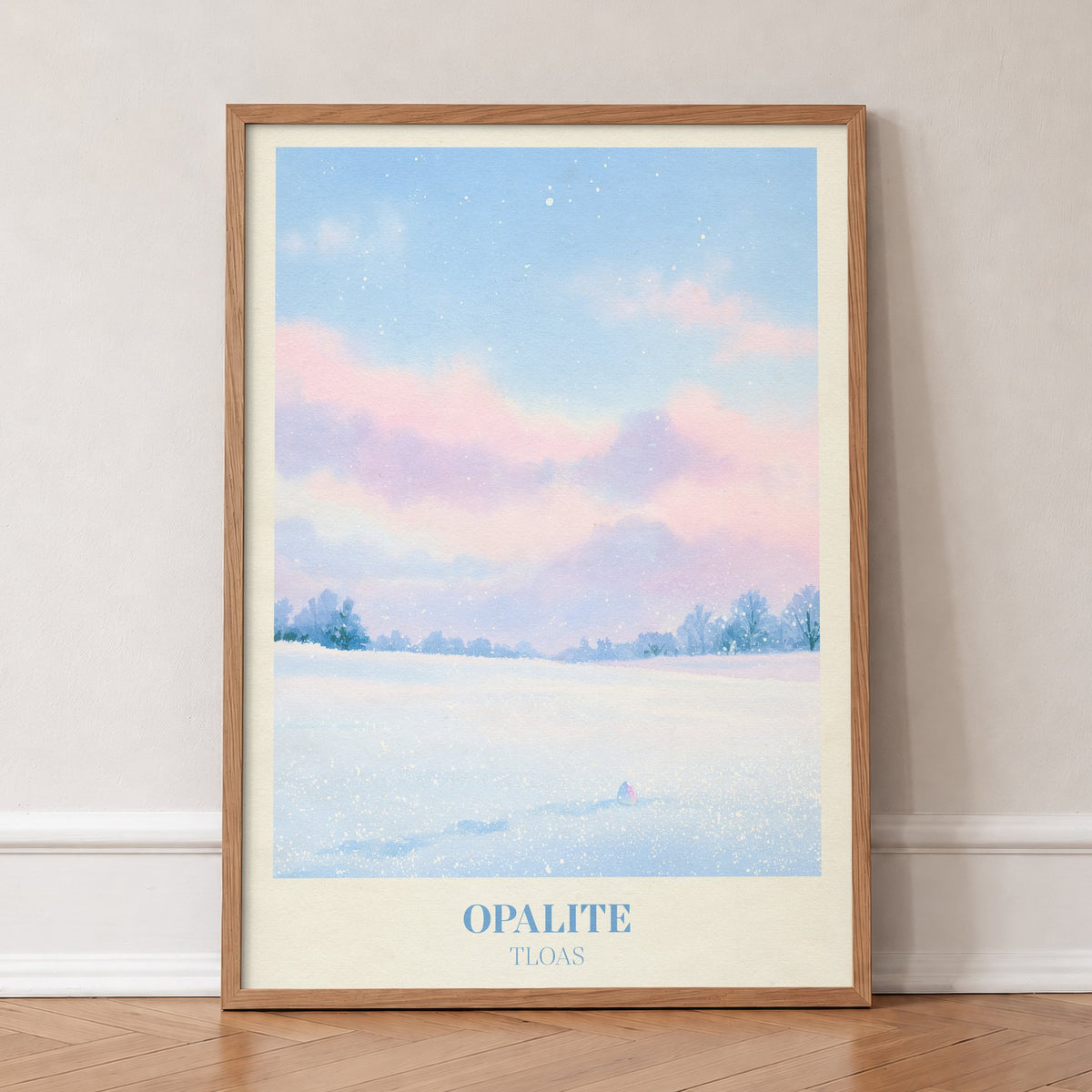 Opalite Winter Taylor Swift print of pink clouds over a snowy field, in an oak frame, leaning against a wall on a herringbone floor