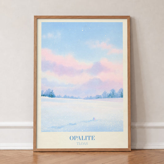 Opalite Winter Taylor Swift print of pink clouds over a snowy field, in an oak frame, leaning against a wall on a herringbone floor