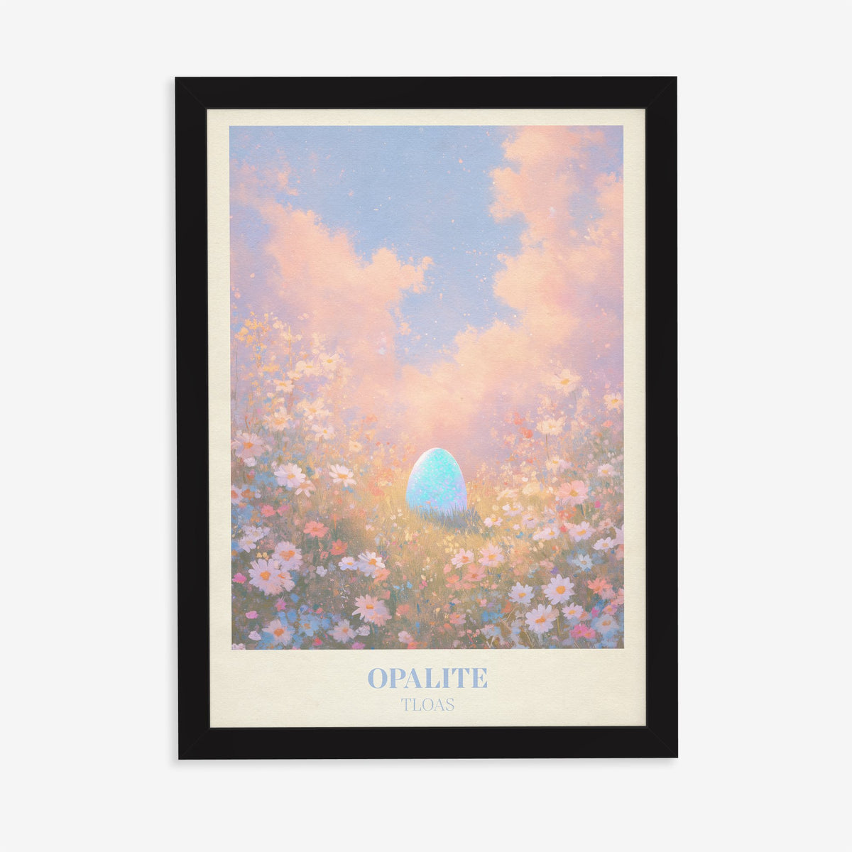 Opalite Taylor Swift print of a glowing blue opal among pink wildflowers, in a black frame on a plain wall
