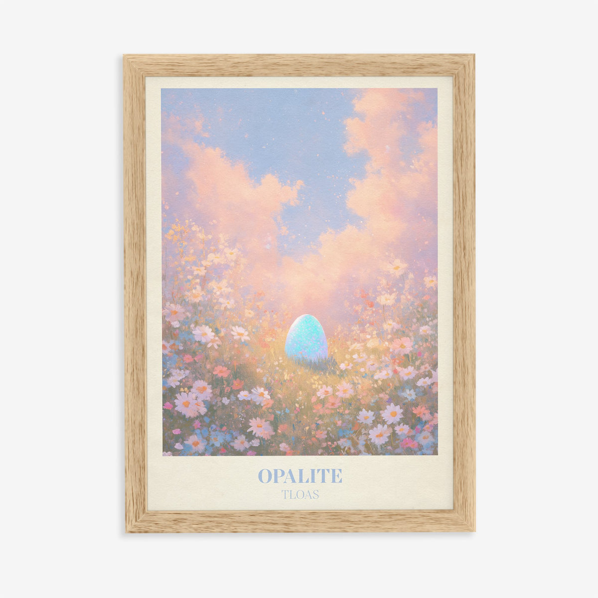 Opalite Taylor Swift print of a glowing blue opal among pink wildflowers, in an oak frame on a plain wall