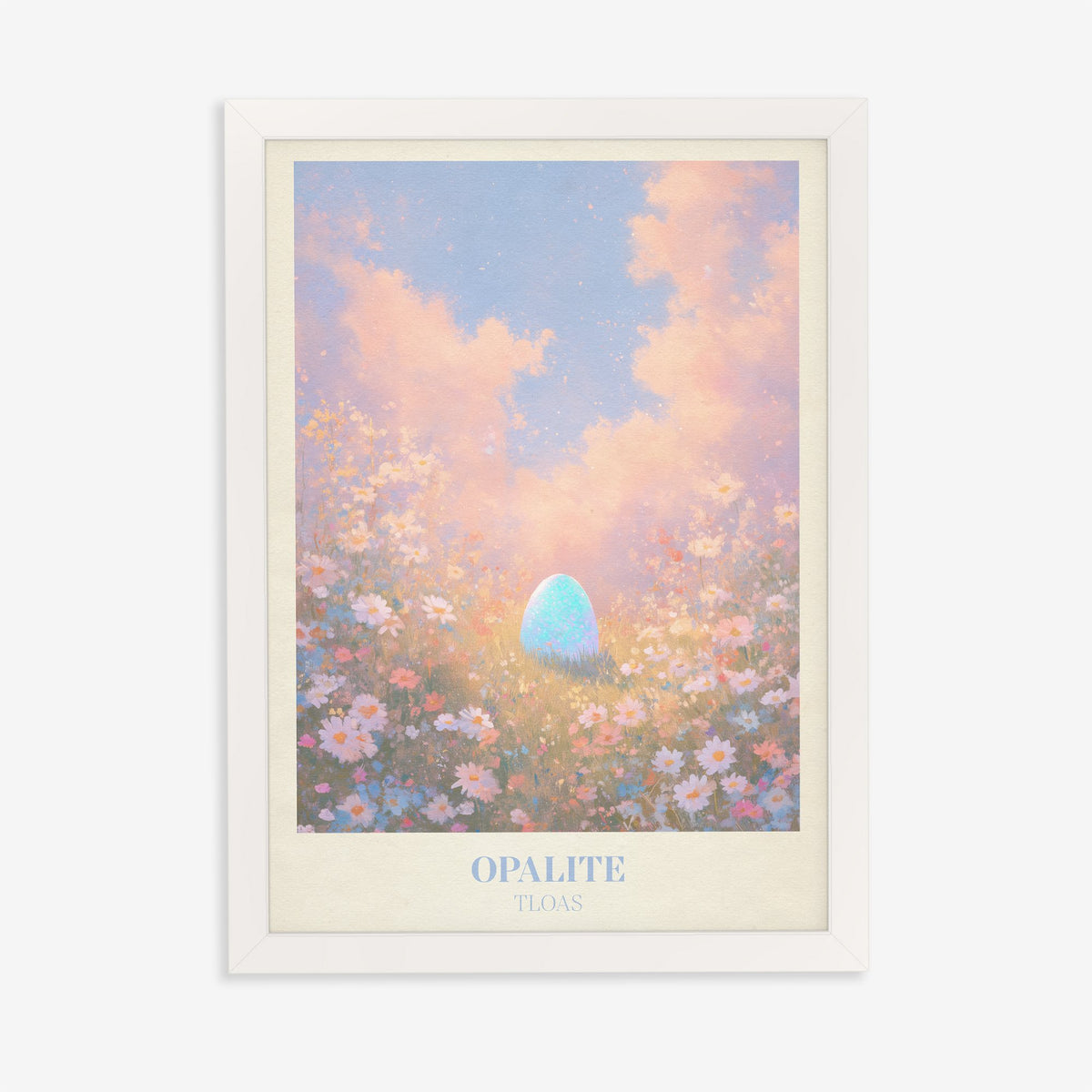 Opalite Taylor Swift print of a glowing blue opal among pink wildflowers, in a white frame on a plain wall