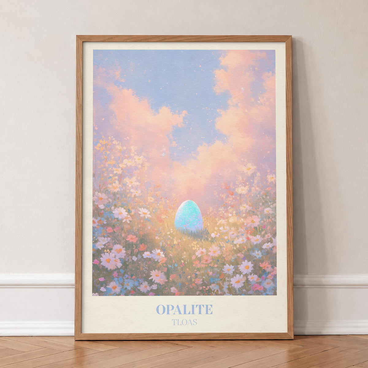 Opalite Taylor Swift print of a glowing blue opal among pink wildflowers, in an oak frame, leaning against a wall on a herringbone floor