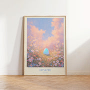 Opalite lyric wall art print inspired by Taylor Swift leaning against a white wall on a wooden herringbone floor in soft daylight