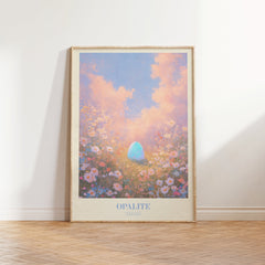 Opalite Taylor Swift print of a glowing blue opal among pink wildflowers, framed, leaning against a white wall