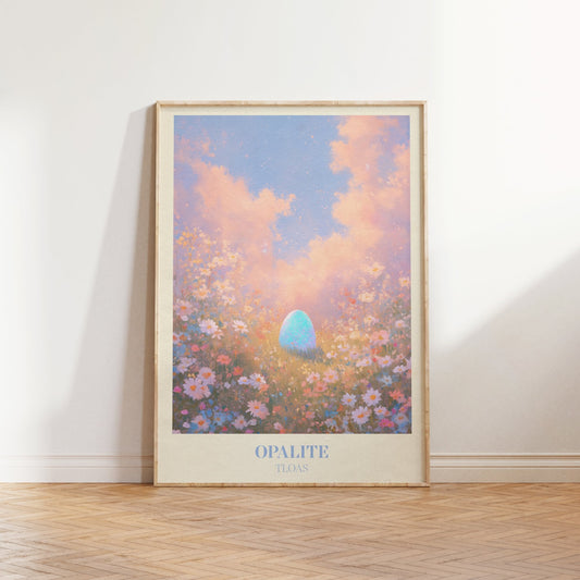 Opalite lyric wall art print inspired by Taylor Swift leaning against a white wall on a wooden herringbone floor in soft daylight