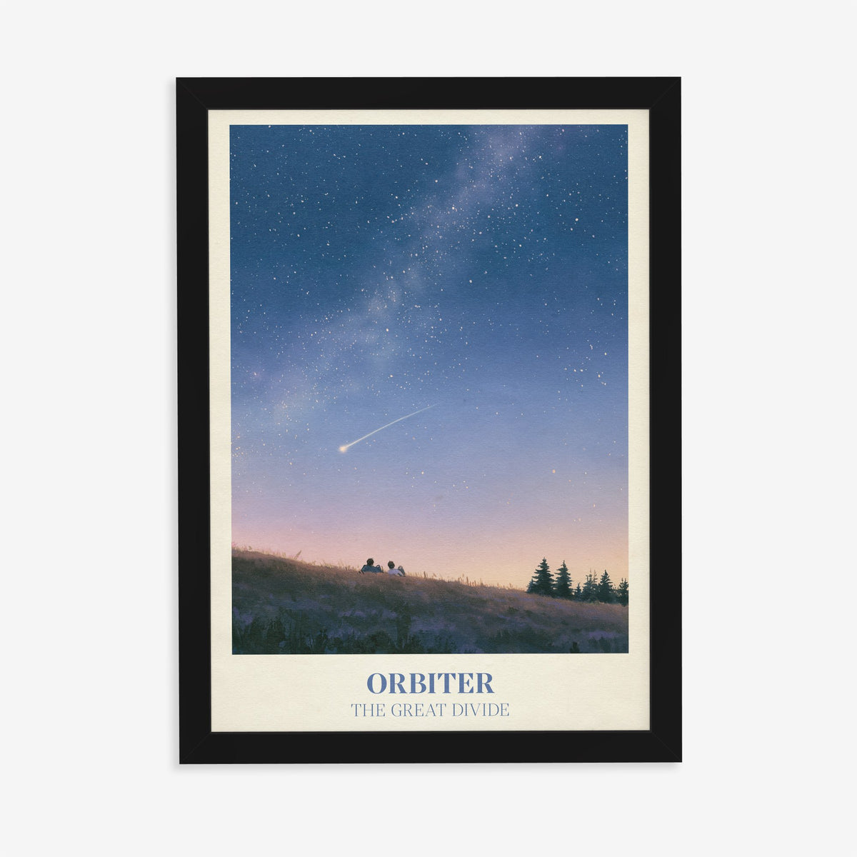 Orbiter Noah Kahan print of two people watching a shooting star from a hillside, in a black frame on a plain wall