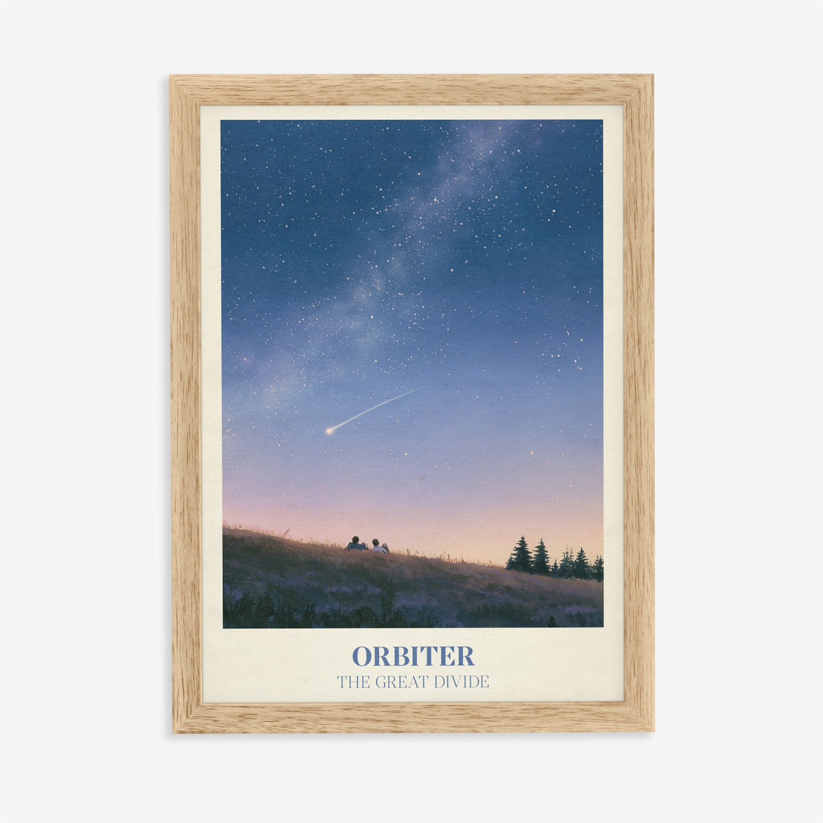 Orbiter Noah Kahan print of two people watching a shooting star from a hillside, in an oak frame on a plain wall