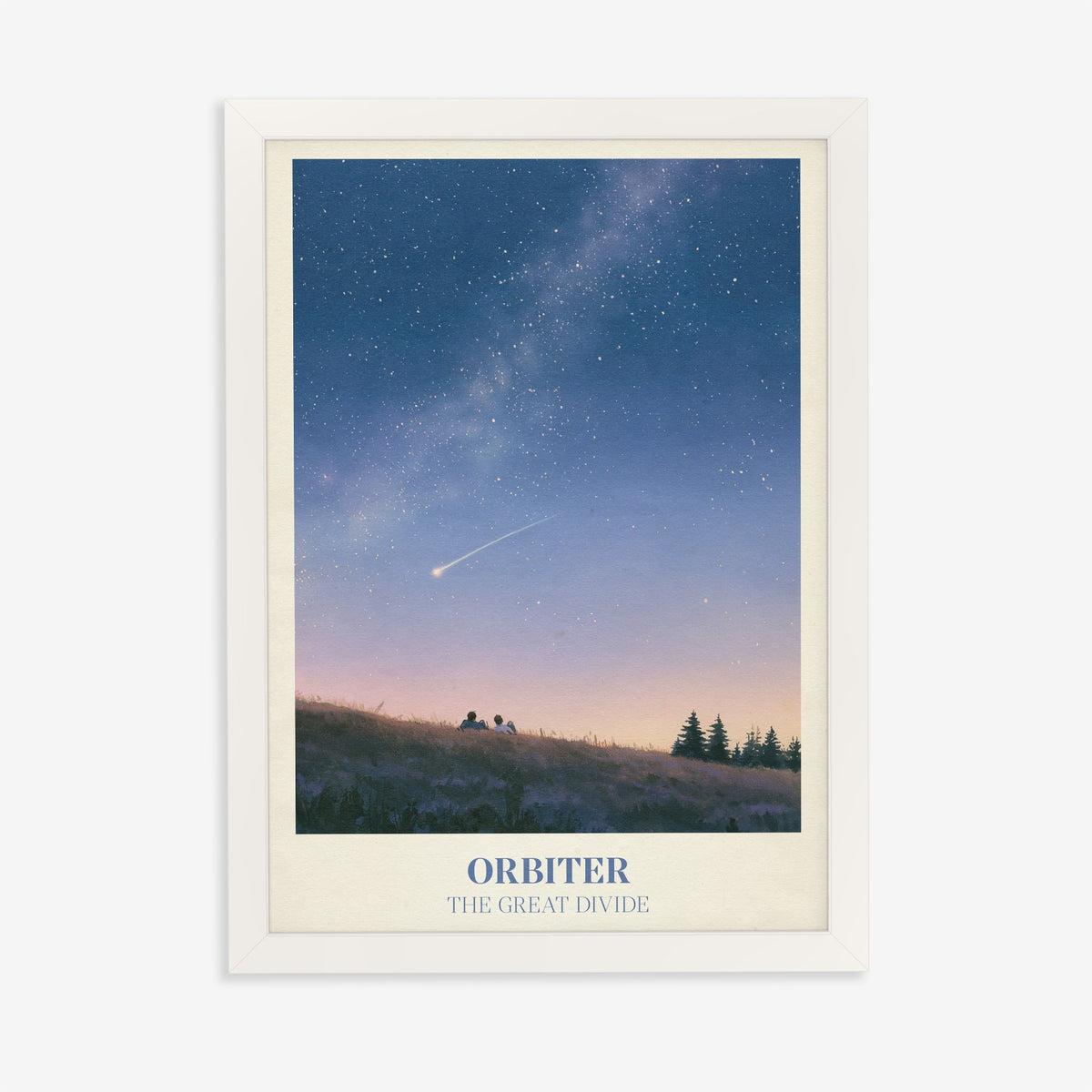 Orbiter Noah Kahan print of two people watching a shooting star from a hillside, in a white frame on a plain wall
