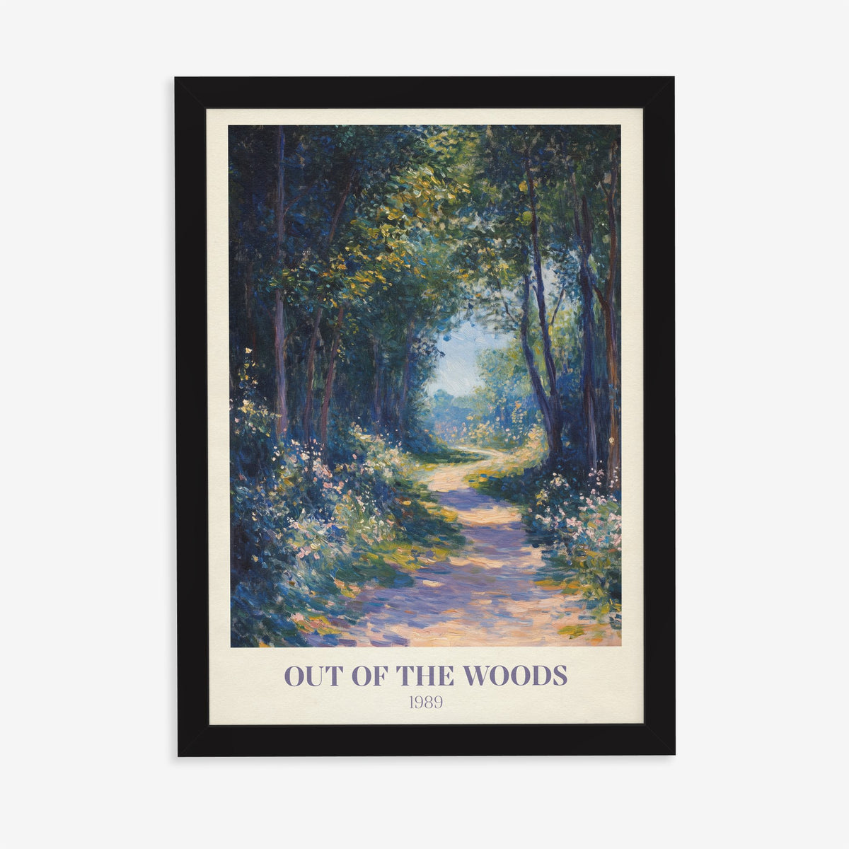 Out Of The Woods Taylor Swift print of a sunlit woodland path between white wildflowers, in a black frame on a plain wall